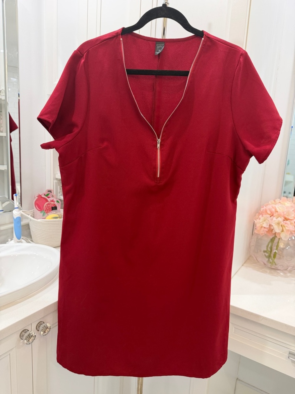 Red Zip-Front Short Sleeve Dress
